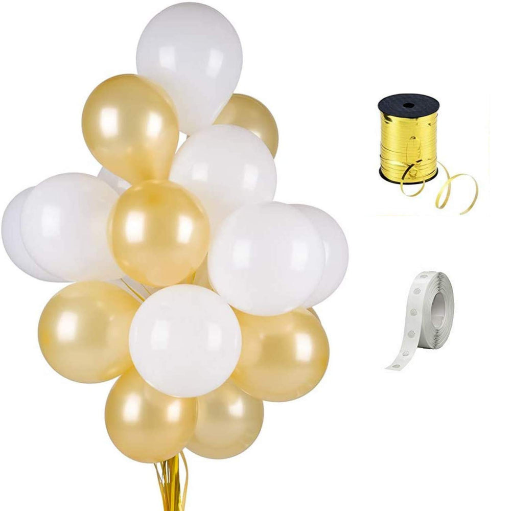 Hankley White & Golden Metallic Balloons with String (Assorted) and Wall Tape for for Baby/Bridal Shower, Birthday and House Party Decoration (50Pcs, Assorted)