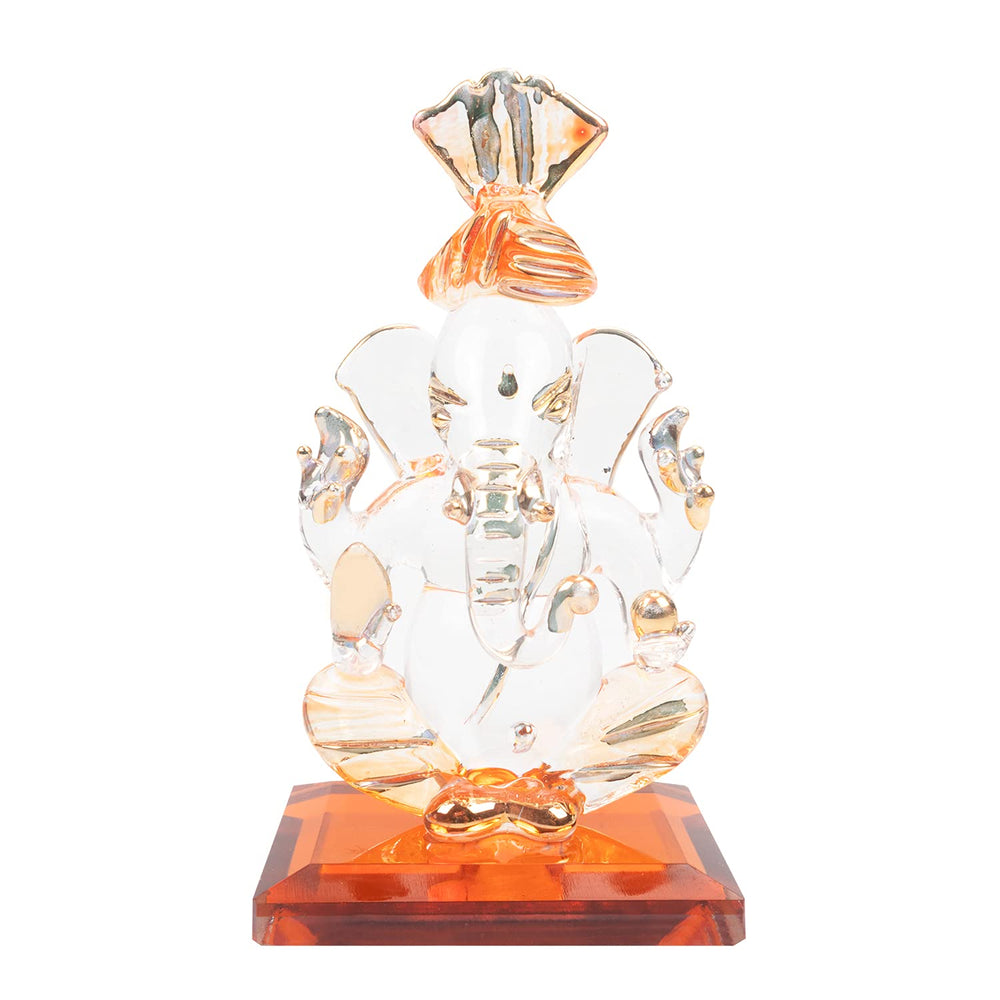 iCraft God Ganesh Sitting Statue (Murti) Idol Showpiece Handmade of Crystal Glass by for Worship, Decoration, Car Dashboard, Gift (Orange)